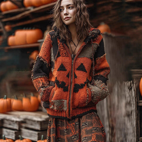 Halloween spoof digital printing zipper pumpkin hooded imitation knitted sweater m302044