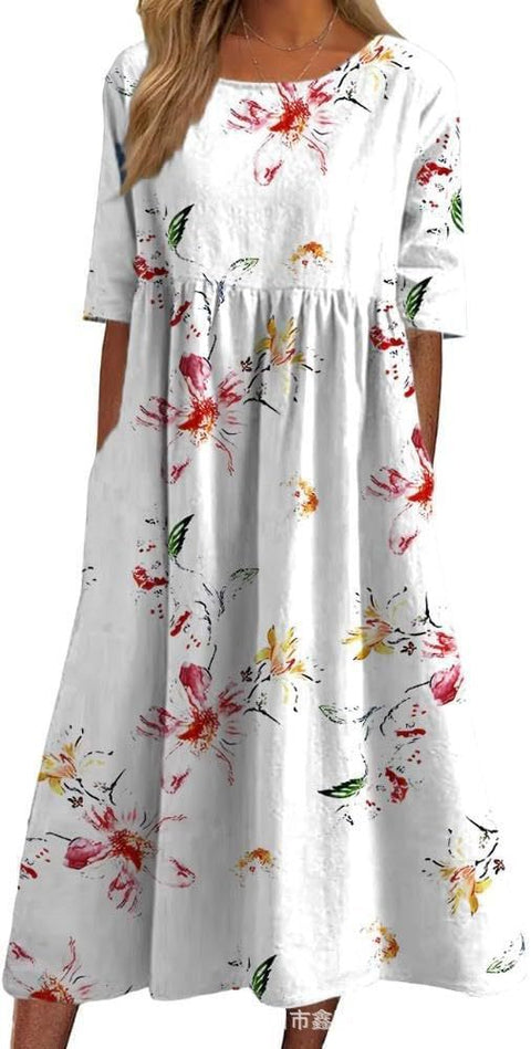 Ladies Casual Crew Neck Pullover Short Sleeve 3D Printing Pleated Waist Swing Long Dress Dress m301299