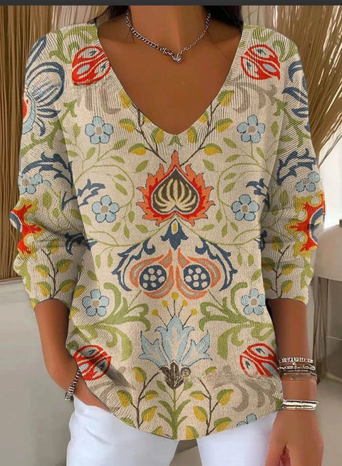 Shoulder V-neck long-sleeved autumn leaf 3D digital printing women's top FF303401 04