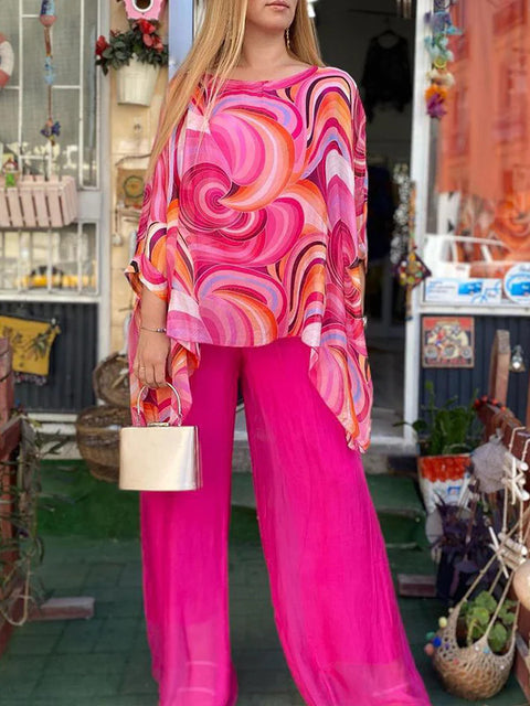 Color chiffon set casual crew neck printing two-piece set m302315