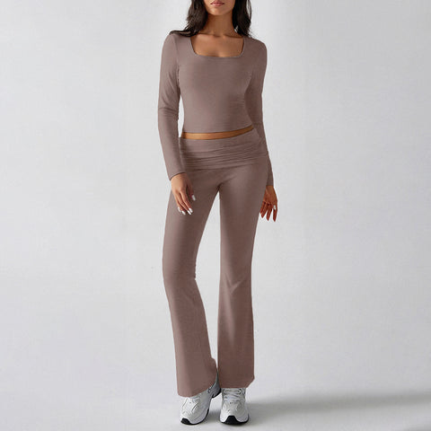 Solid color casual knitted long-sleeved top yoga suit two-piece pants set m301815