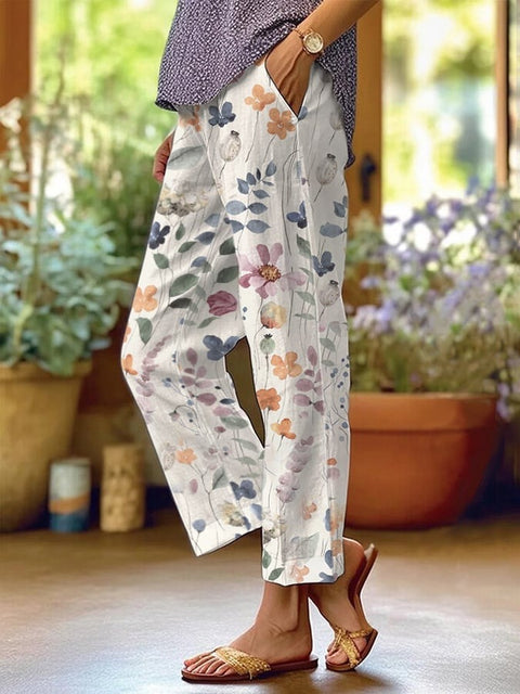 Linglong hemp digital printing simple crimped casual pants m303184