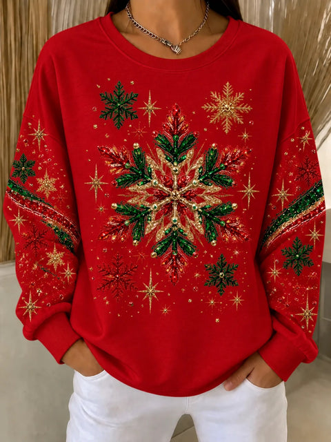 Snowflake print crew neck long-sleeved casual pullover sweater FF303508
