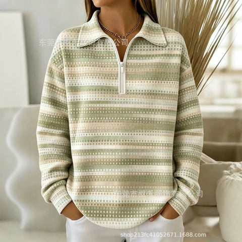 Lapel Striped Pen Print Women's Half Zip Sweater FF303305