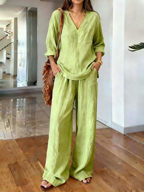 Casual V-neck pullover long sleeve plus trousers washed cotton multi-color m302407