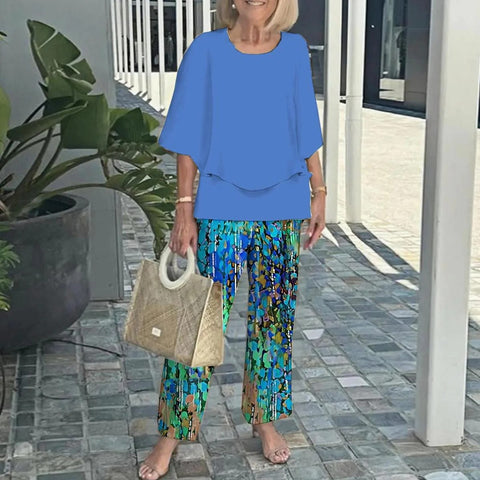 Casual round neck medium sleeve top printed flower pants set two-piece set m301465