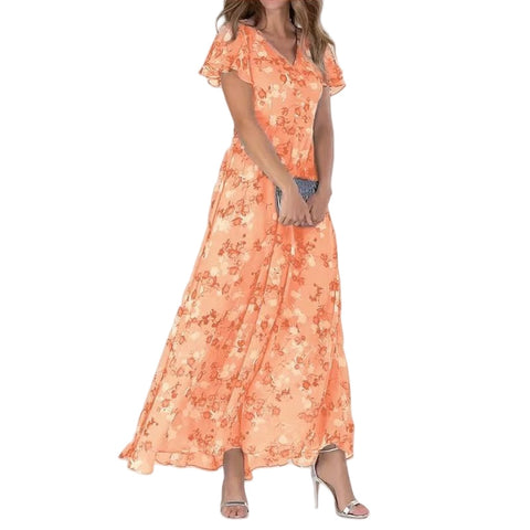 Big pendulum long dress V-neck short-sleeved printed chiffon dress m301544
