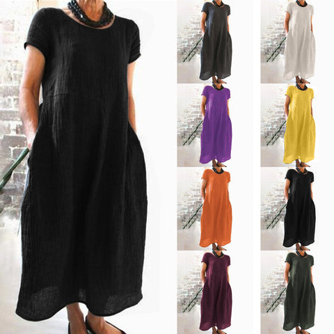 Solid color retro loose cotton and linen dress m301060