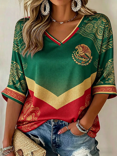Down shoulder V-neck seven-quarter sleeve 3D printed women's top T-shirt m302844