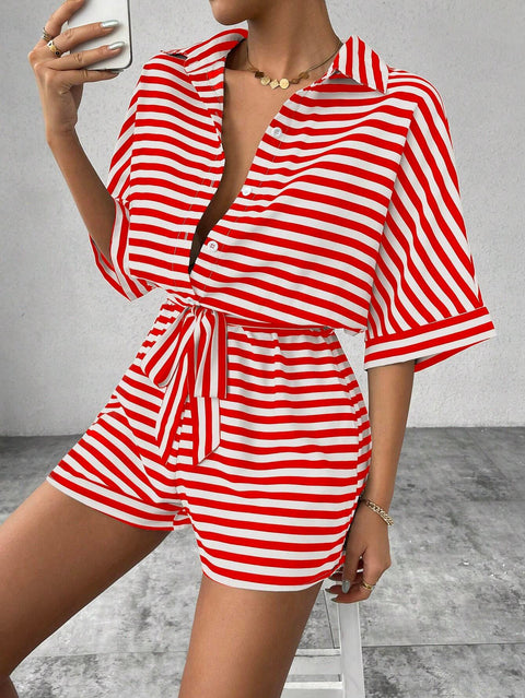Striped lapel cardigan button medium sleeve belt shorts set onesie women's m301031