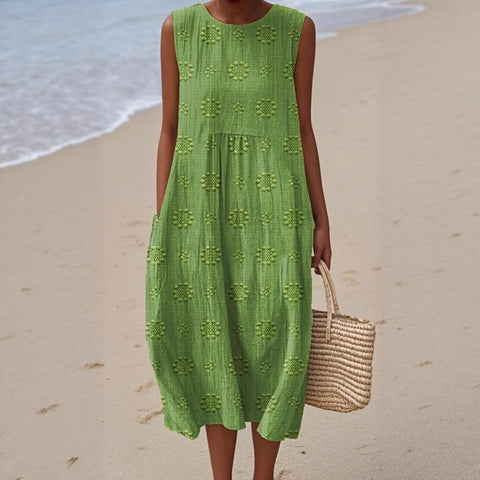 Summer sleeveless pocket casual print temperament long dress dress m302454
