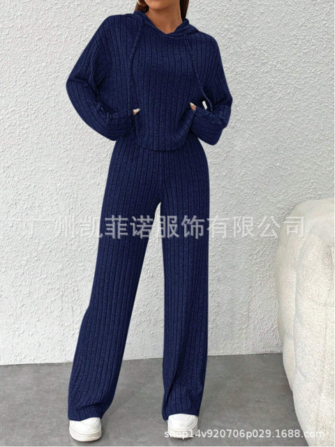 Casual knitted long-sleeved suit women's foreign trade hooded sweater loose trousers two-piece set m301892