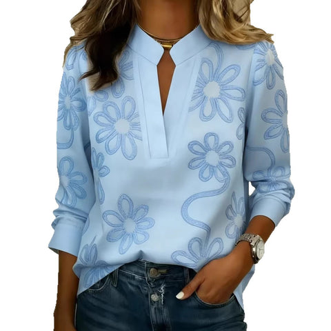 3D printed fashion retro floral V-neck long-sleeved top m303075