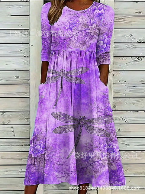 3D printed crew neck floral art holiday dress m303038