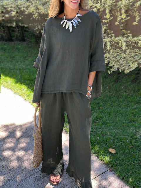Cotton and linen suit women's solid color loose casual trousers two-piece set m303019