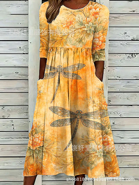 3D printed crew neck floral art holiday dress m303038