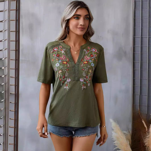 10,000-Needle Embroidered Splicing Lace Top Women's T m300884
