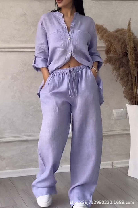Casual cotton and linen solid color shirt drawstring wide-leg pants set m302317