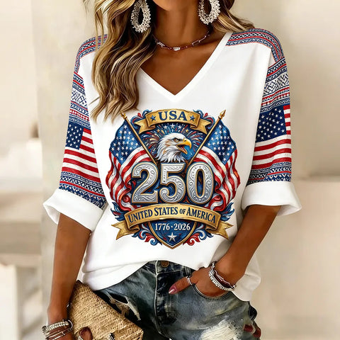 Down shoulder V-neck seven-quarter sleeve 3D printed women's top T-shirt m302844