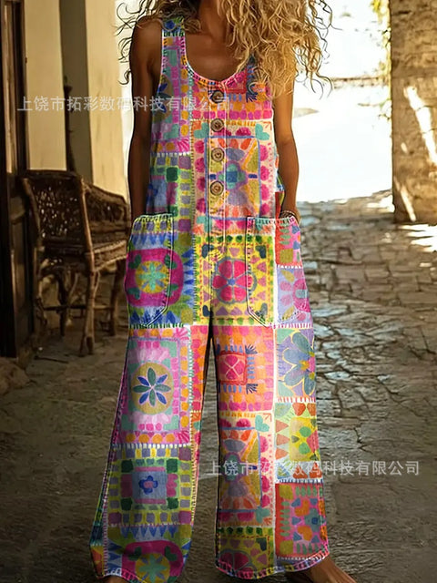 Retro trend wide-leg pants overalls women's sleeveless imitation denim m302436