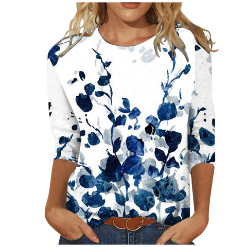 Women's Clothing round Neck 3/4 Sleeves Loose Print T-shirt M300227