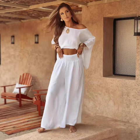 Solid color explosive casual loose round neck off-the-shoulder summer women's suit m302330