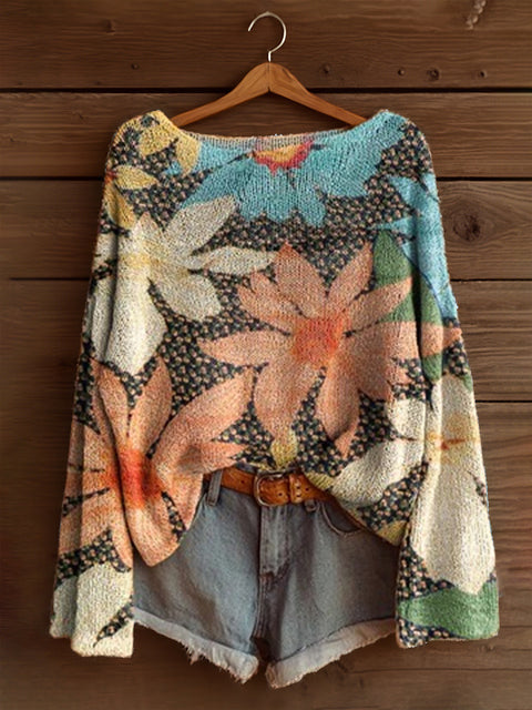 Vacation print casual cape top crew neck knitted sweater m302130