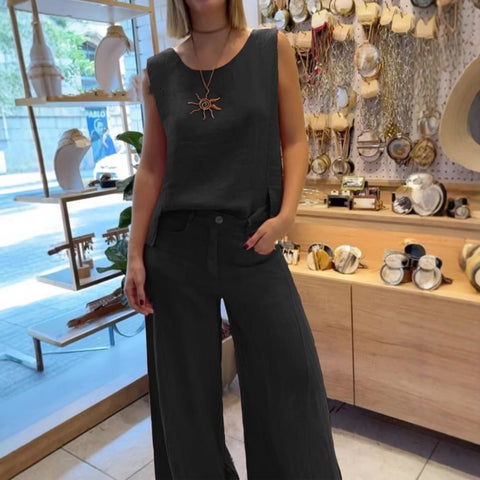 Women's cotton and linen solid color sleeveless trousers 2-piece set m302325