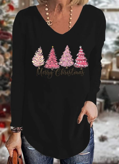 Loose 3D V-neck long-sleeved T-shirt women's Christmas printed bottoming shirt m302098