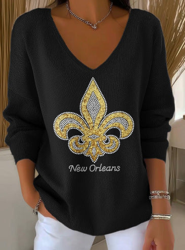 Shoulder V-neck long-sleeved autumn leaf 3D digital printing women's top FF303401 02