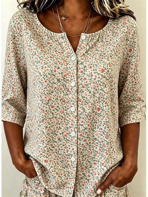 Women's Top Printed Casual Short Sleeve Collarless Shirt m303047