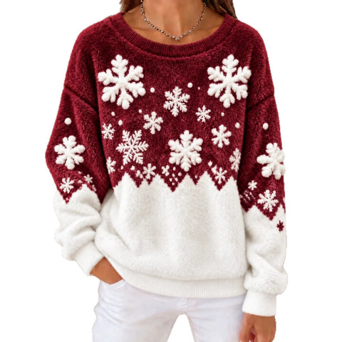 Snowflake print crew neck long-sleeved casual pullover flannel sweater FF303422