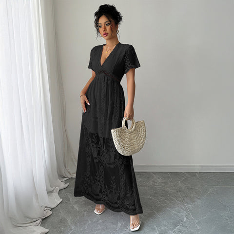 Elegant lace cutout short-sleeved long dress dress m301392