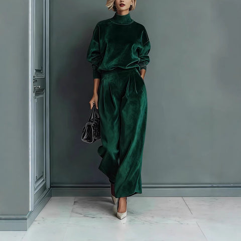 Casual two-piece suit golden velvet long-sleeved solid color high-necked wide-leg pants m302327