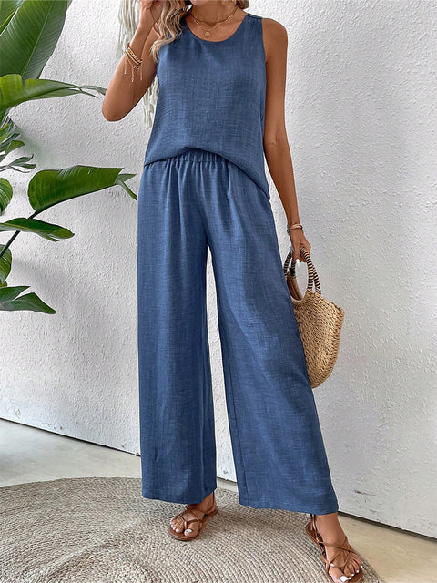 Spring and summer solid color hollow lace two-piece fashion casual vest wide-leg pants trousers m301367
