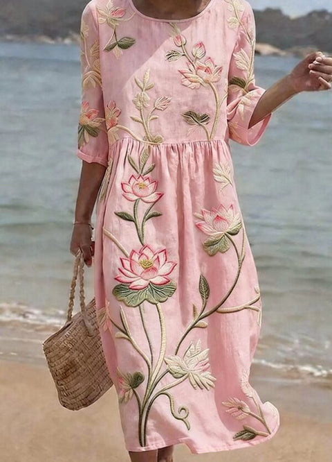 Women's medium and long sleeves side bag crew neck dress seaside vacation loose dress m302606