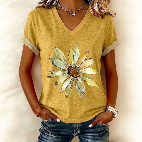 Kreative florale Elemente 3D-Digitaldruck V-Ausschnitt Freizeit-Trend 3D Kurzarm m303035