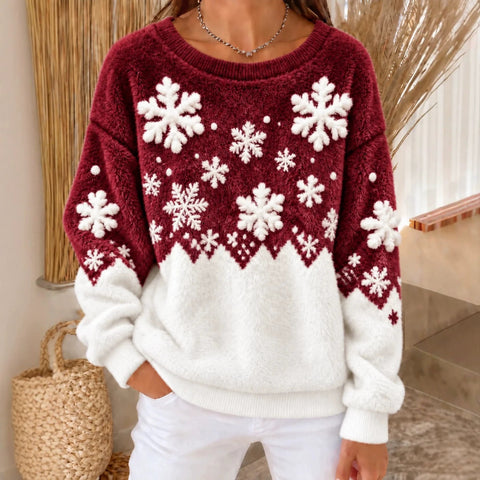 Snowflake print crew neck long-sleeved casual pullover flannel sweater FF303422