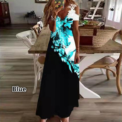 Summer new lace suspender v-neck fashion printed loose dress m301218