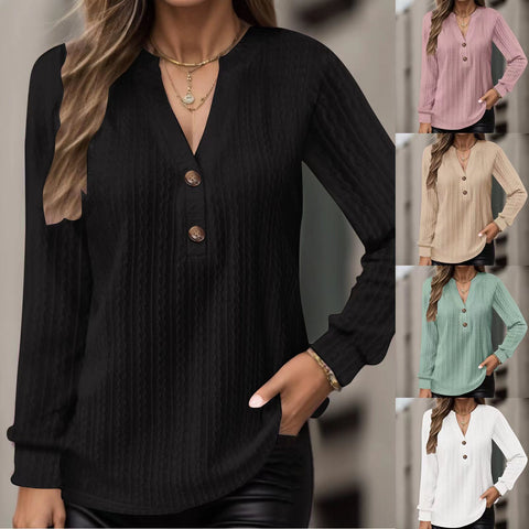 New long-sleeved solid color V-neck button-down T-shirt top m302223