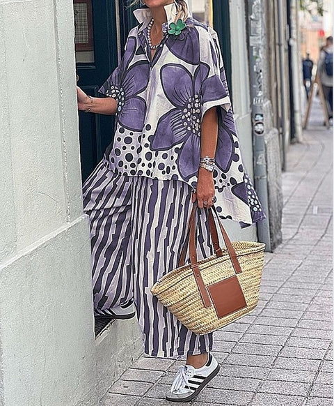 Women's lapel loose geometric printing casual suit m301238