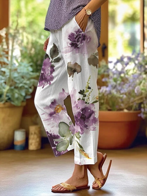 Linglong hemp digital printing simple crimped casual pants m303184