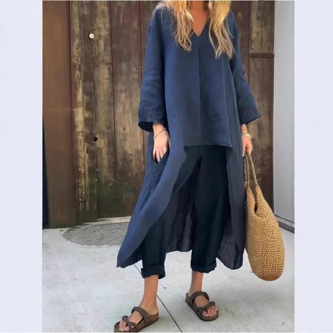 Women's summer pocket V-neck 2-piece set solid color loose women's clothing m302332