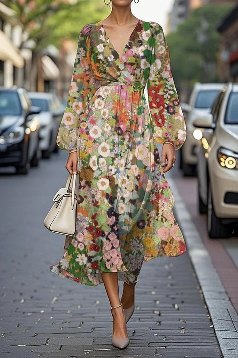 Floral series pattern 3D printing series casual women's V long dress m302129