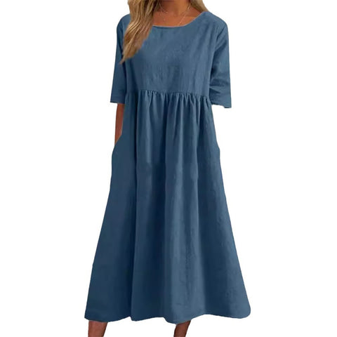 New cotton and linen casual short-sleeved pocket pleated loose round neck dress m300890