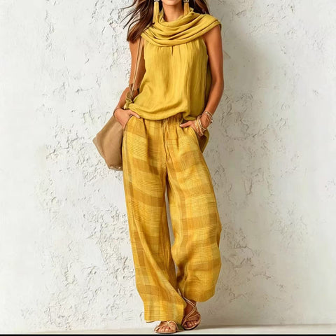 Retro casual fashion sleeveless top and plaid pants set m303064