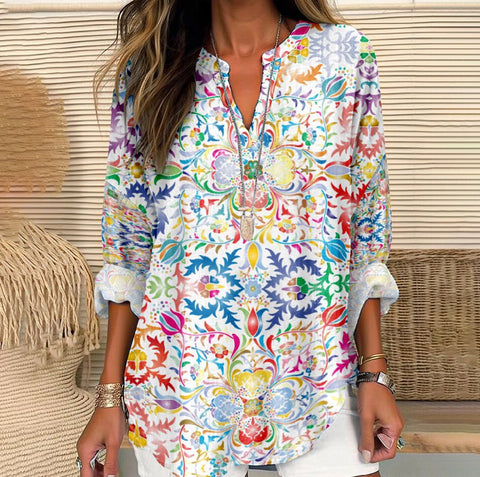 3D marble shading trendy V-neck shoulder shirt curved hem long sleeve m301292