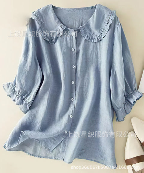 Linglong hemp 3D digital printing abstract, women's long-sleeved buckle lapel shirt m303181