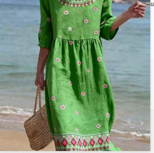 Women's medium and long sleeves side bag crew neck dress seaside vacation loose dress m302606