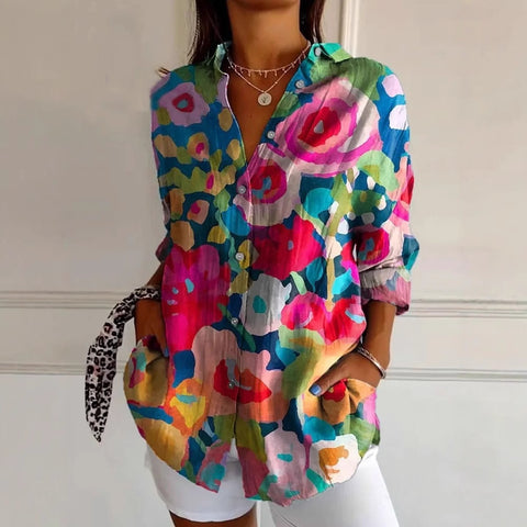 Linglong hemp long shirt women's long-sleeved shirt printing pattern m303195